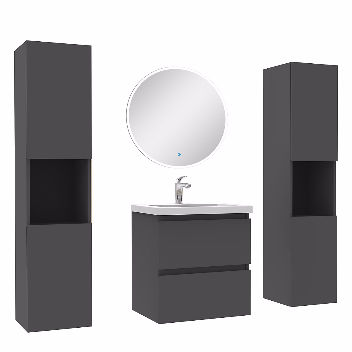 Ensemble meuble de salle de bains – Ensemble meubles Salle de Bain avec colonne et miroir rond mural 50cm meuble Anthracite