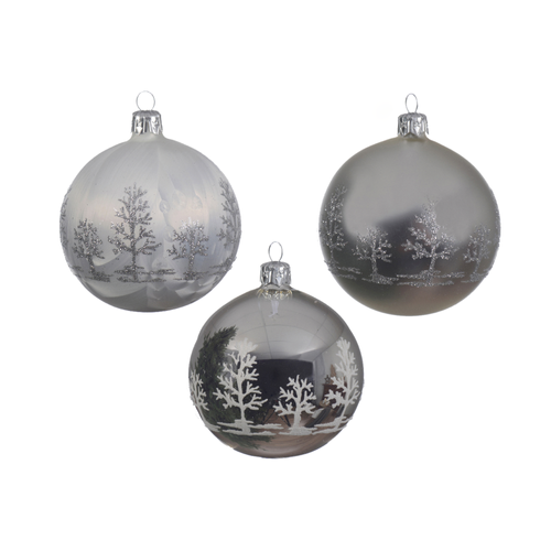 BOULE EN VERRE GRIS MAT AVEC MOTIFS ARGENTÉS - ∅8CM
