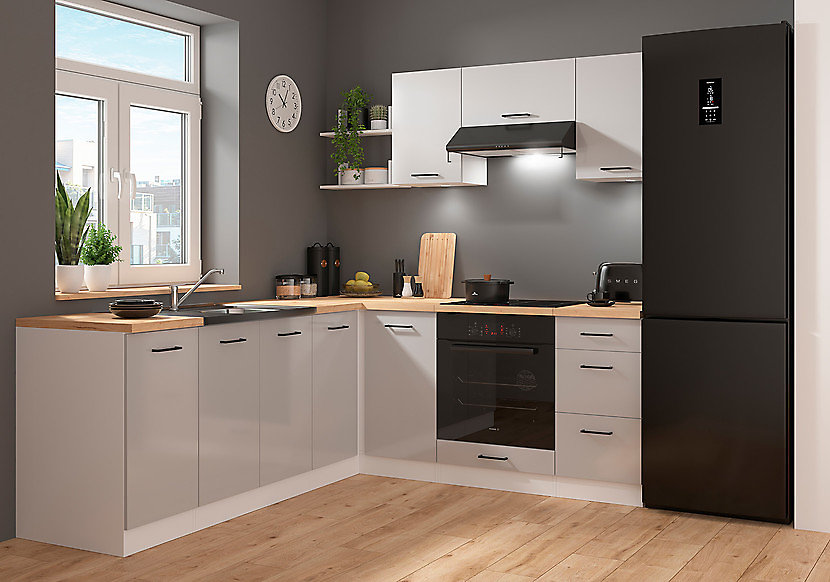 Cuisine d'angle complète 200 × 220 cm – Meubles de cuisine modulables coloris Gris clair brillant/Blanc, plan de travail Non inclus