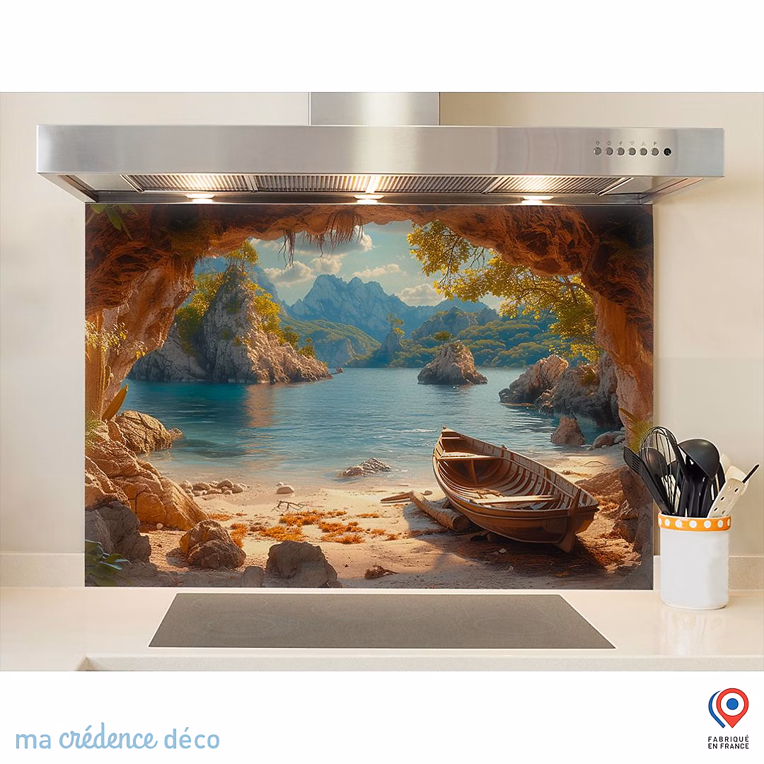 Crédence cuisine fond de hotte Barque et îles désertes | Verre trempé – L 60 cm x H 45 cm