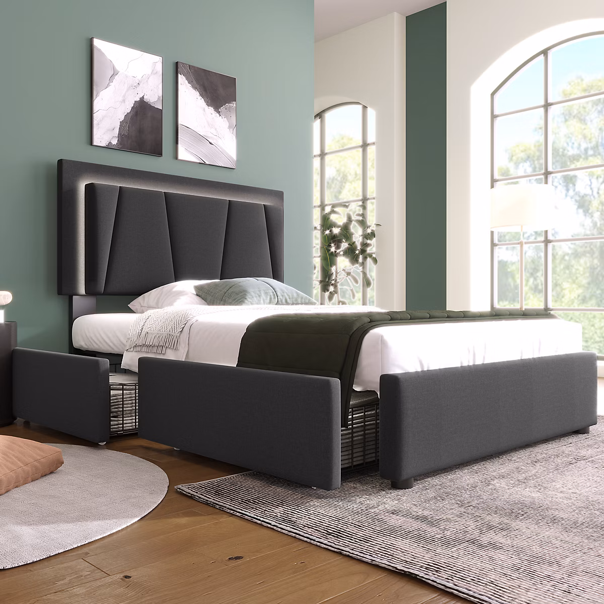 Canapé 90 × 200 cm avec tiroirs et eclairage LED tete reglable +-10 cm structure metal et revetement tissu gris