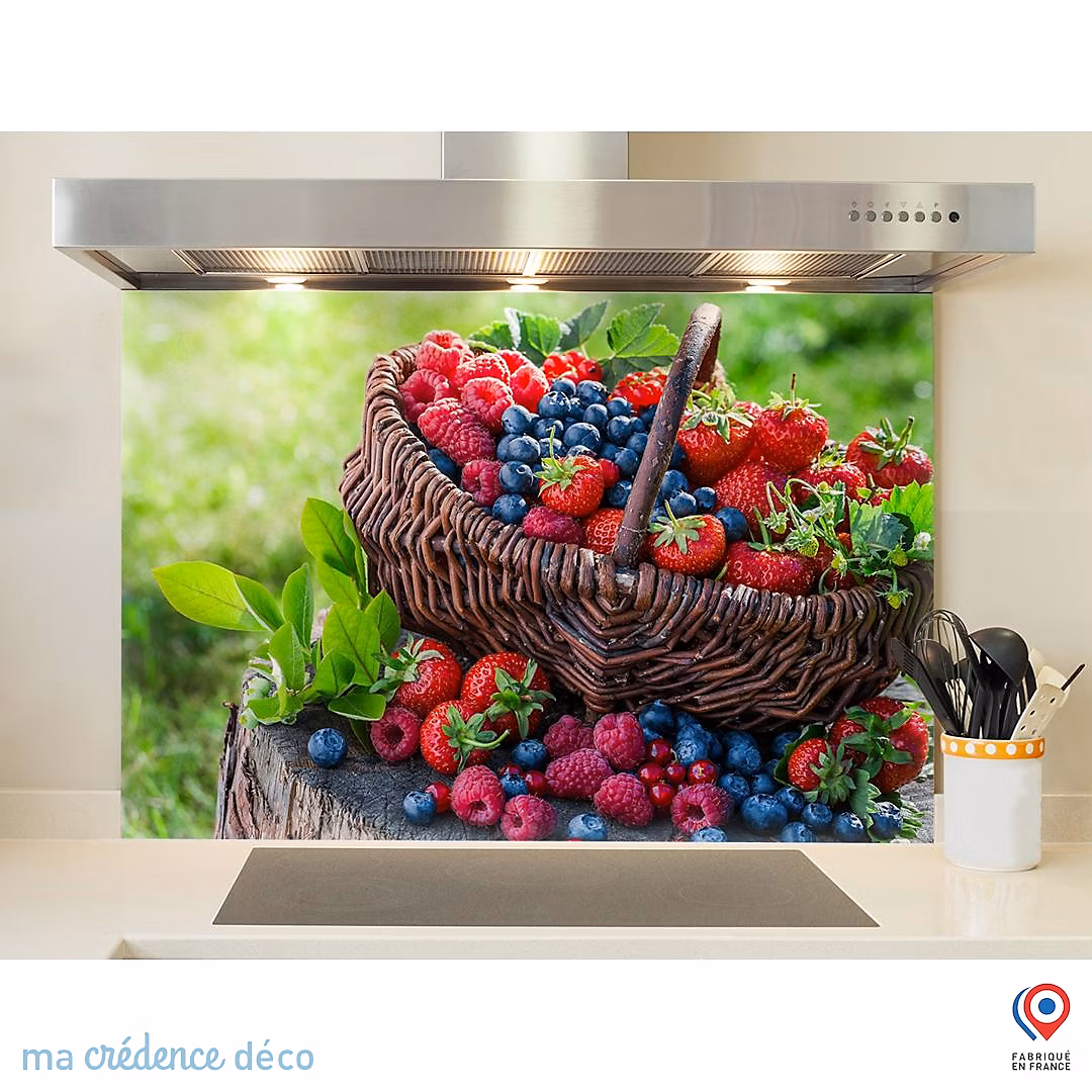 Crédence cuisine fond de hotte fruits et panier | Alu composite – L 60 cm x H 45 cm – MaCrédenceDéco