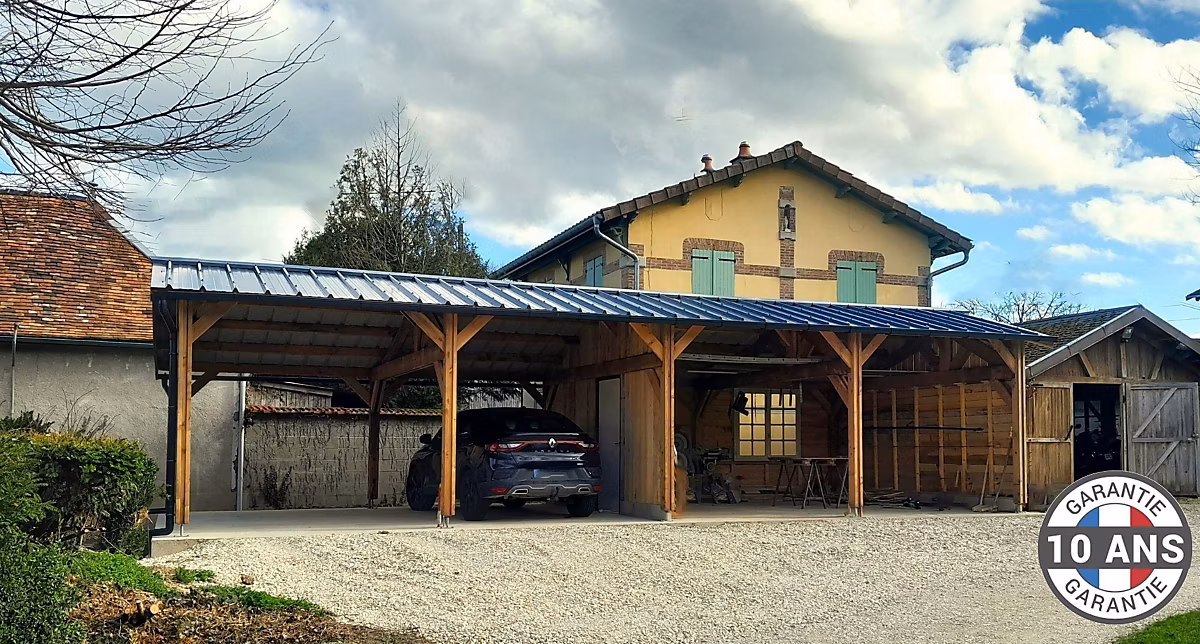 Carport 2 pentes faitage décalé 550cmx1250cm – Bois DOUGLAS Français (Charpente en bois-auvent-abri voiture)68 m².Garantie 10 ans