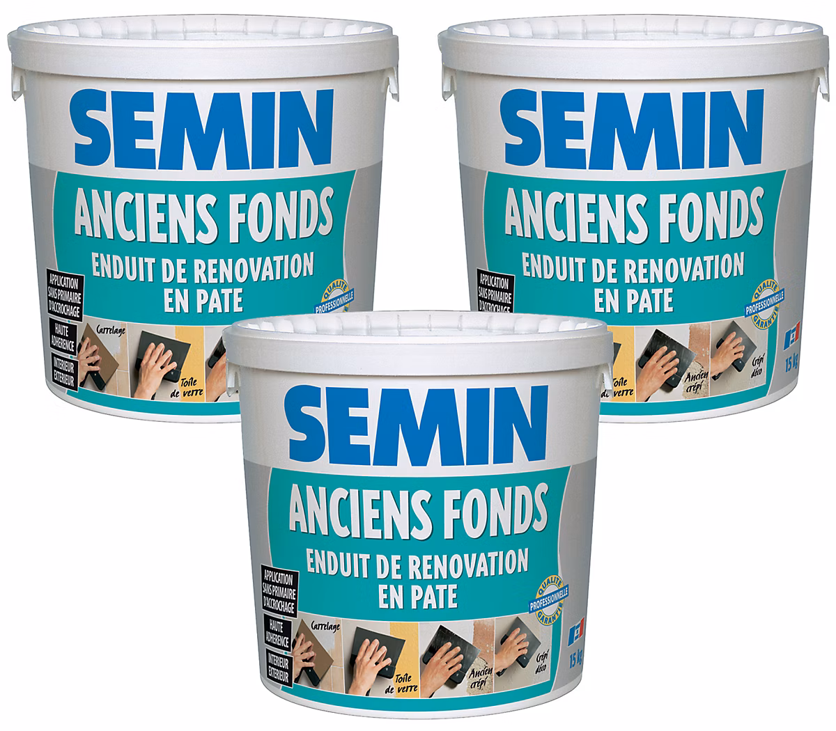 Enduit de Rénovation pour les Supports Irréguliers Semin Anciens Fonds – Intérieur/Extérieur, Seau de 15 kg, Lot de 3