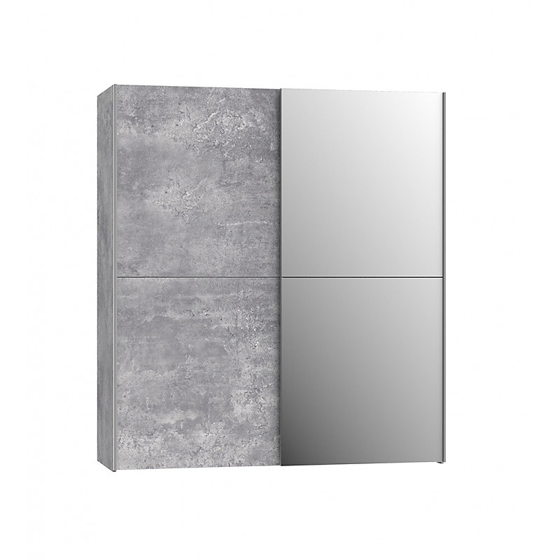 Armoire 2 portes coulissantes 5 tablettes béton gris miroir – JEIK