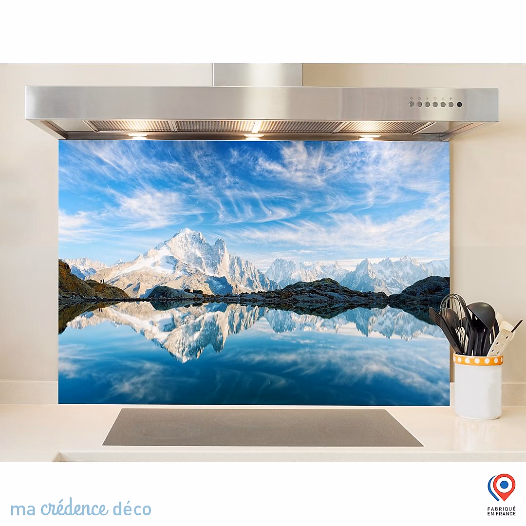 Crédence cuisine fond de hotte Lac et Mont Blanc 2 – Verre trempé, L 70 cm x H 60 cm, MaCrédenceDéco