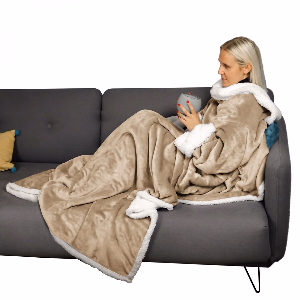 Couverture polaire – plaid intégral avec manches et poche, 140 × 210 cm, Sherpa et flanelle, Adulte, Beige, Vivezen