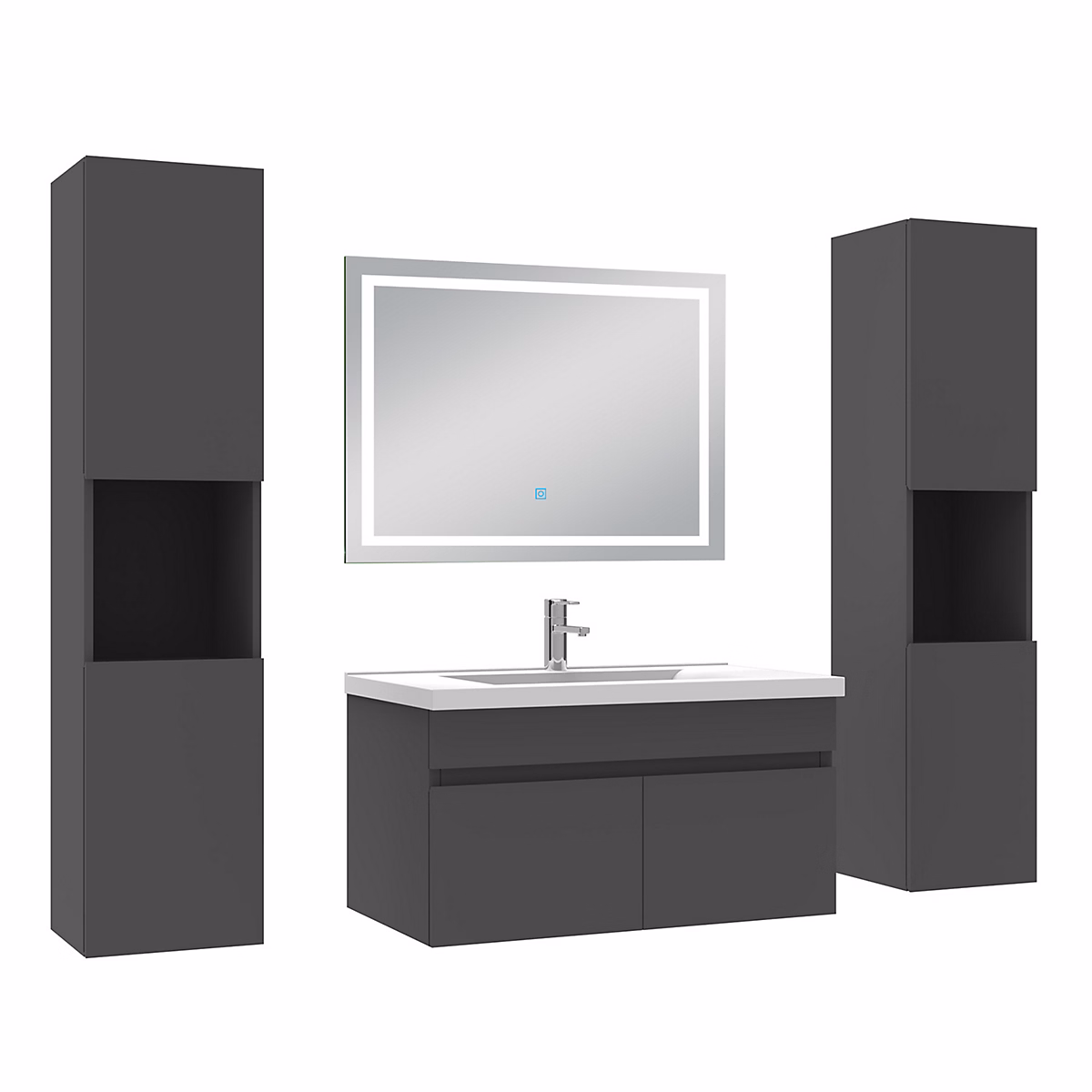 Ensemble meuble de salle de bains – Ensemble meubles Salle de Bain 80cm avec colonne + miroir lumineux 3 couleurs + dimmable Anthracite
