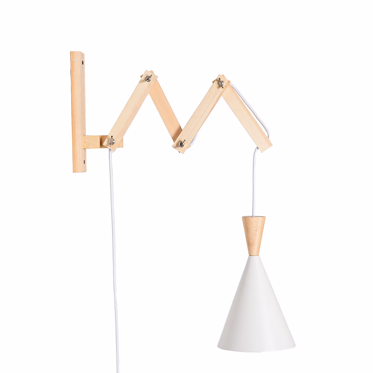 Applique murale extensible bois avec abat – jour métal blanc réglable