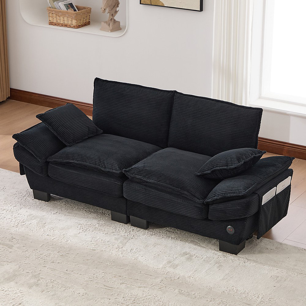 Canapé modulaire pour 2 personnes – noir,large assise, design ergonomique, mousse haute densité, USB-C, poches latérales.