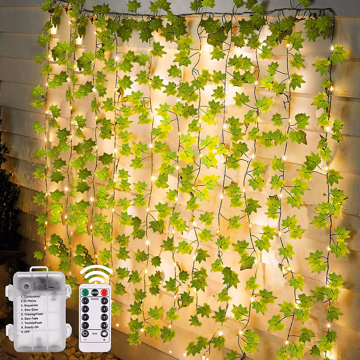 BASHLWUA Guirlande lumineuse artificielle en lierre 10 m 100 LED alimentée par batterie avec télécommande – 8 modes, lumières de No