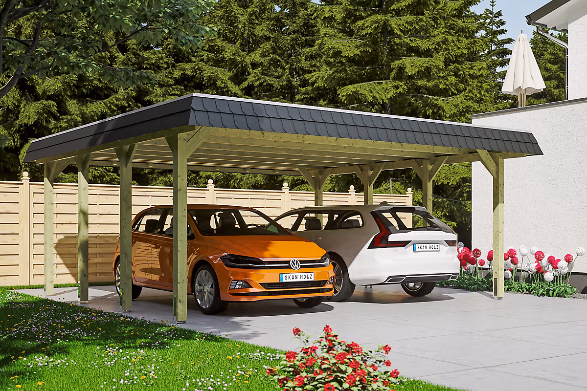 Carport SKAN HOLZ Spreewald 585 × 589cm – planches de toit et EPDM, bandeau noir, bois résineux imprégné vert