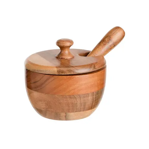 Extérieur adapté：Mortier avec couvercle et pilon en bois de manguier naturel - Ø 12 x H 10 cm