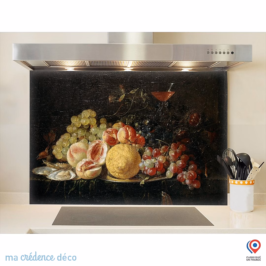 Crédence cuisine fond de hotte Jan Davidz de Heem – Citron et raisins, Verre trempé, L 70 cm x H 60 cm, MaCrédenceDéco