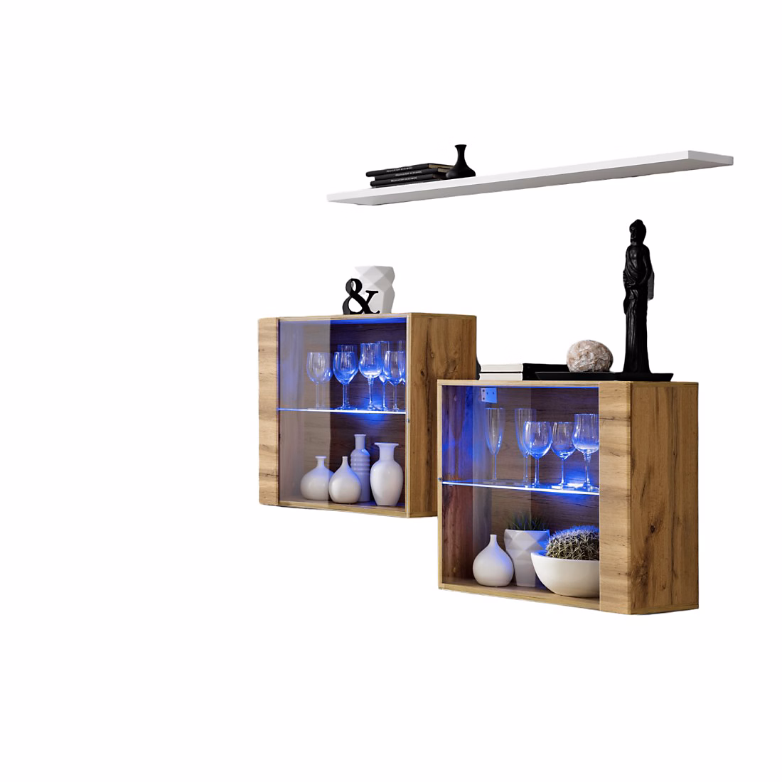 Composition murale SWITCH SBIII Cubes vitrés LED et étagère Chene Wotan et blanc Design moderne – Réf. NSIEHPPWV3104280492