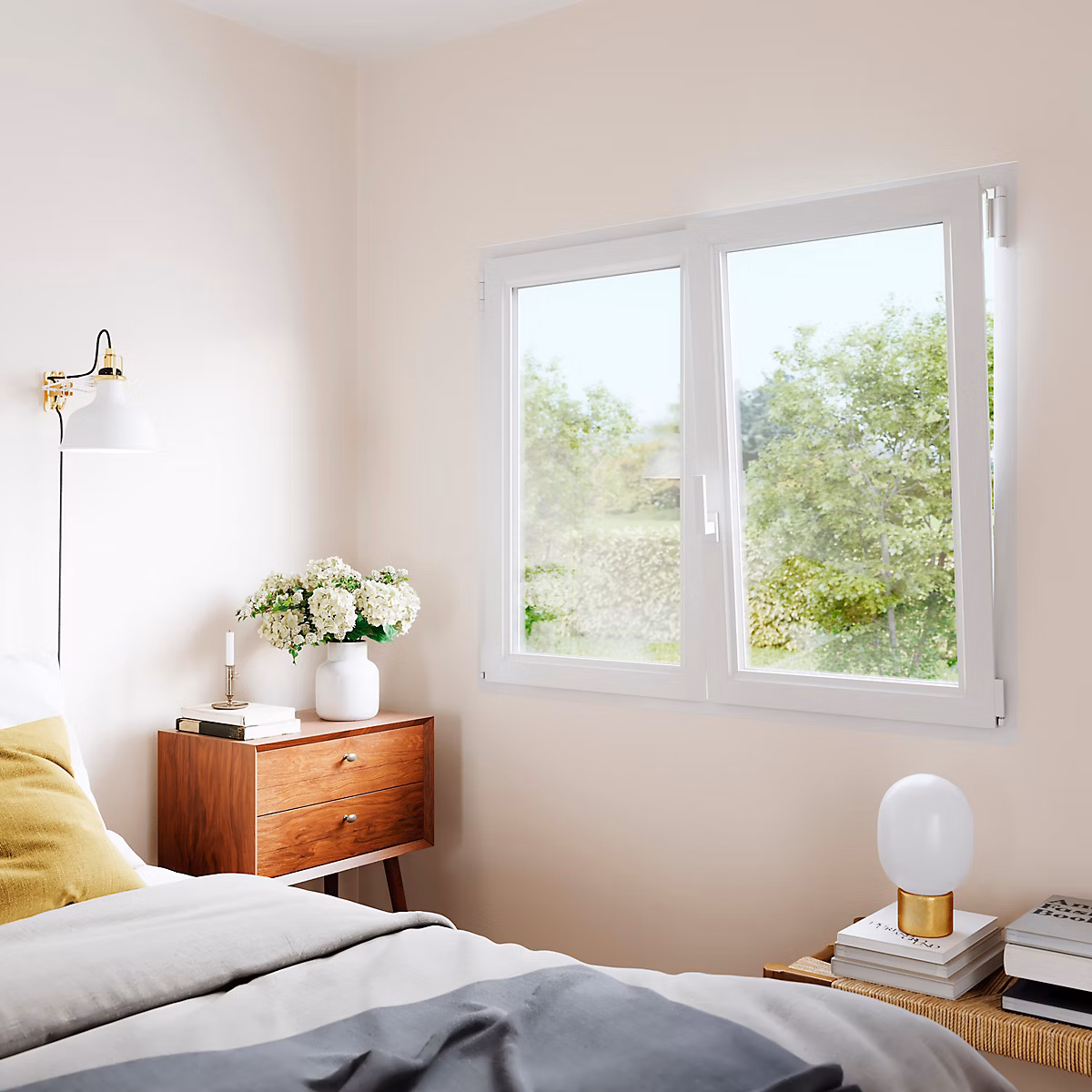 Fenêtre 2 vantaux oscillo-battante – tirant droit double vitrage GoodHome en PVC blanc l.105 x H.148 cm