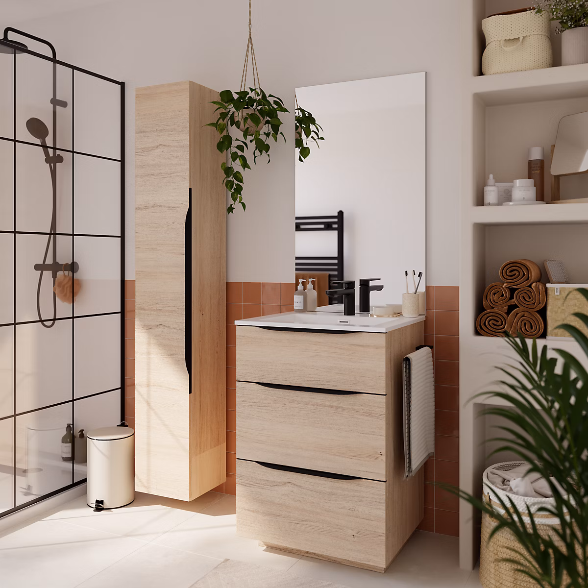 Meuble sous vasque à poser l.60 x H.88 x P.50 cm – effet bois | Pamili