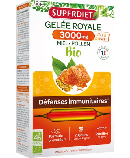 Super diet Gelée Royale bio 3000mg Miel Pollen 20 ampoules de 15ml