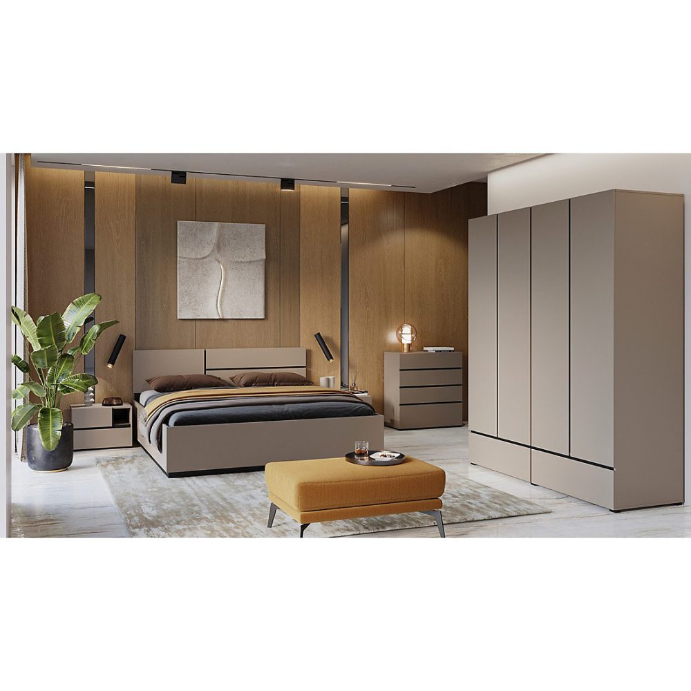 Chambre complète HAVANA beige et noir Lit 180x200 – armoire 4 portes | chevets et commode