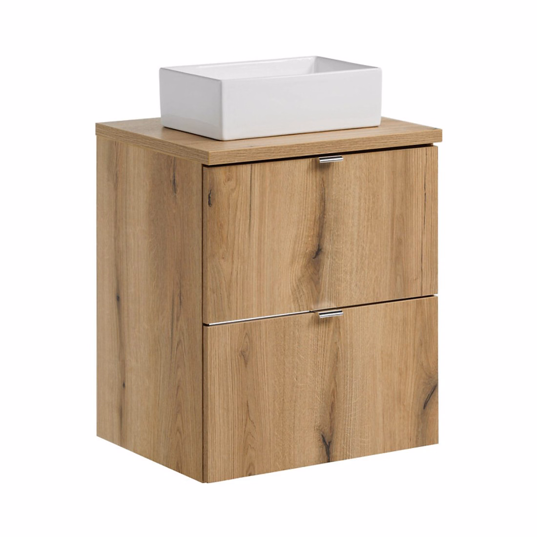 Meuble vasque – Ensemble de salle de bain VANO aspect chene 50cm : meubles sous vasque à tiroirs et plan pour vasque et vasques à poser