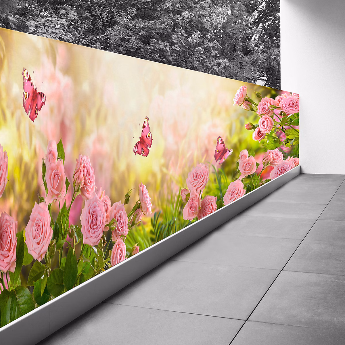 Brise vue Trompe l'oeil | 130 × 390 cm – Fleurs papillons 3617689693842