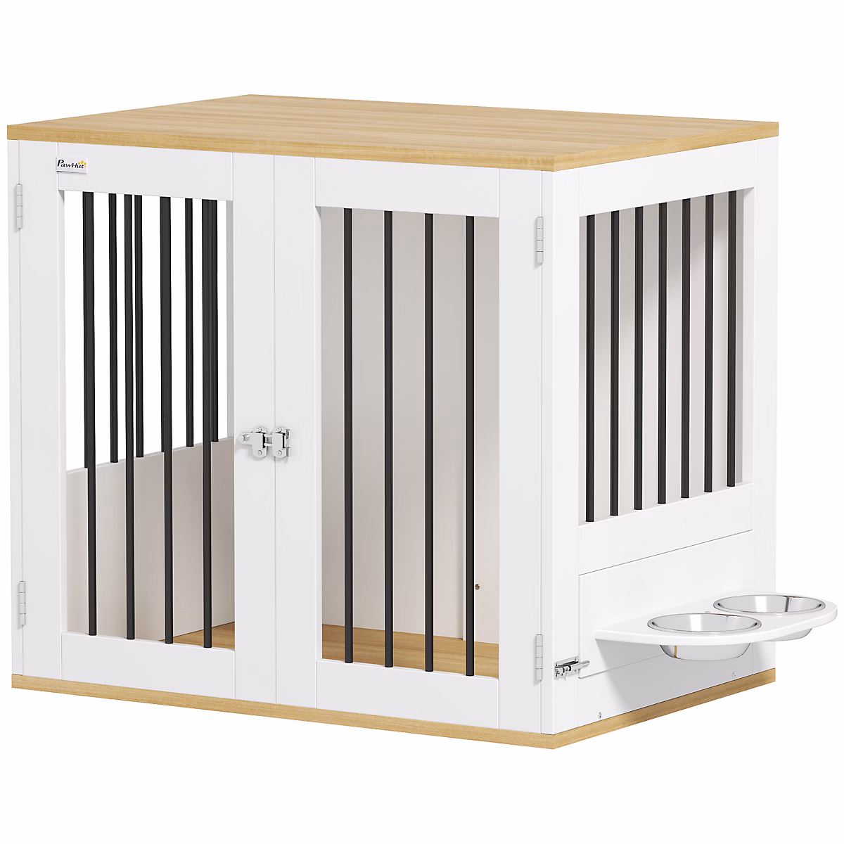 Cage pour chien en bois | 2 portes verrouillables – 2 gamelles rotatives – 80 × 55 × 71 cm – blanc effet bois clair
