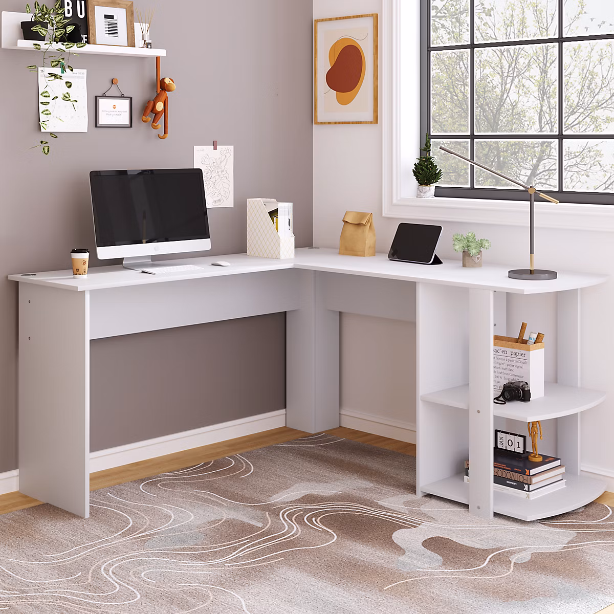 Bureau d'angle 140 cm – Bureau en L avec 2 étagères intégrées, design fonctionnel pour gain de place, MDF, Blanc