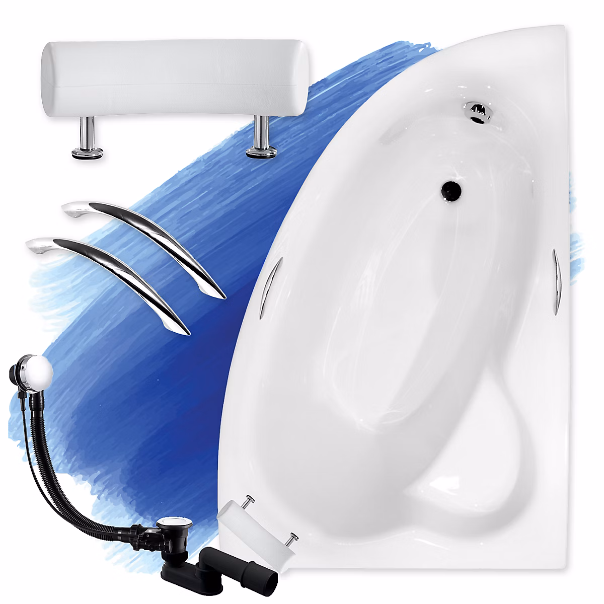Baignoire asymétrique 150 × 100 Droite NATALIA PREMIUM acrylique blanc – sans Habillage +Poignées+Repose Tête +Pieds +Vidage à chromé