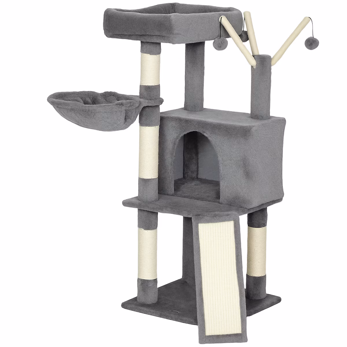 Arbre à chat multi-équipé niche hamac plateforme 3 boules griffoirs grattoir gris – Réf. BZISUOQQA7395667556