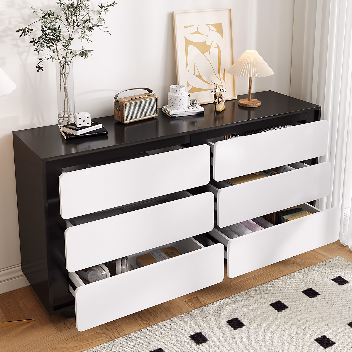Commode 140 cm blanche et noire avec 6 tiroirs – Réf. JVUZIYAIV5209899031