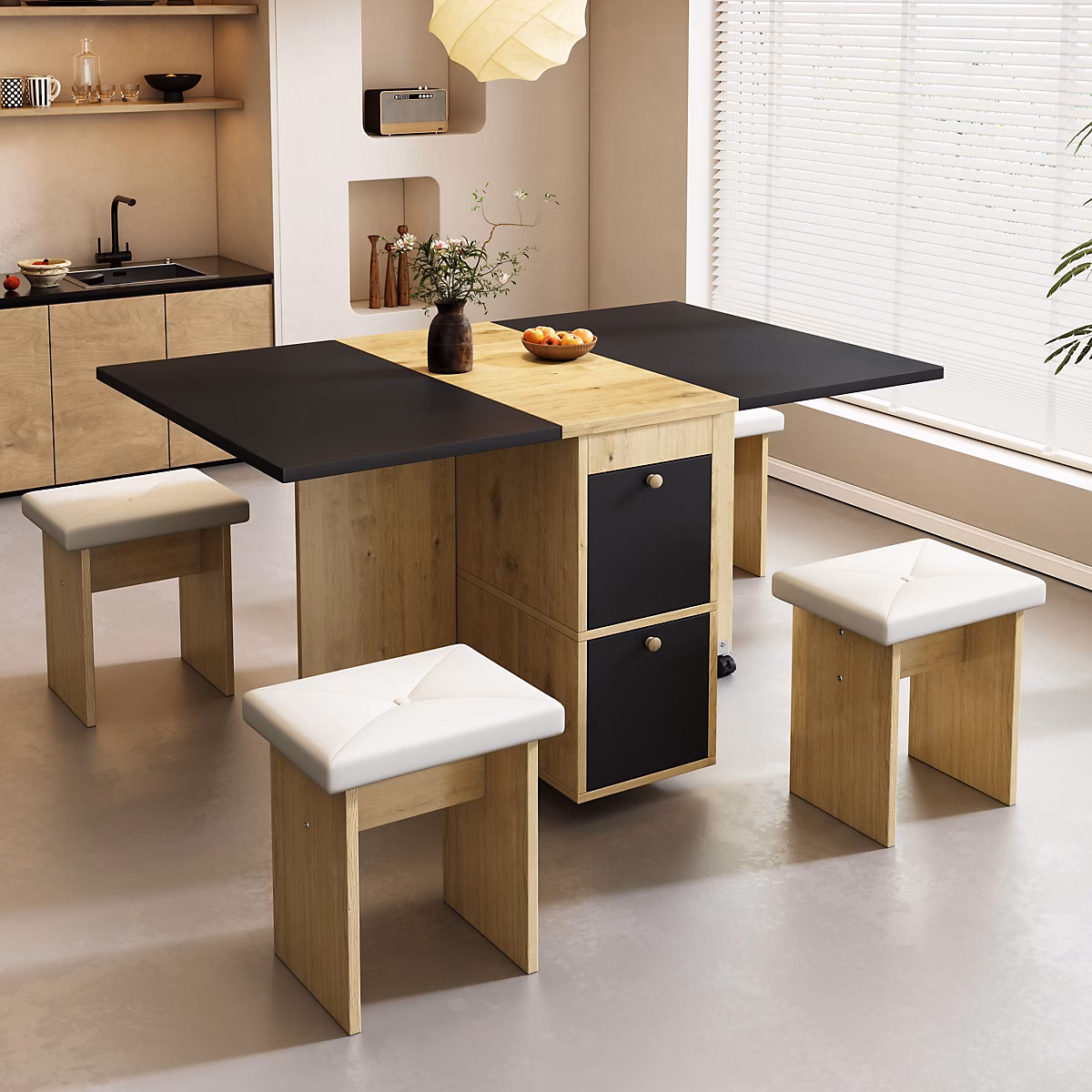 Ensemble Table et Chaises – Table à Manger Extensible 120 × 80 × 75 cm avec 4 Chaises | Blanc Chêne Noir