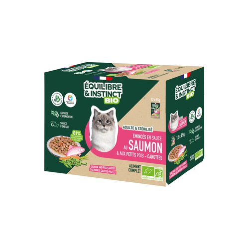 ÉMINCÉS SAUCE CHAT ÉQUILIBRE & INSTINCT® BIO - SAUMON & PETITS POIS - 12X85G