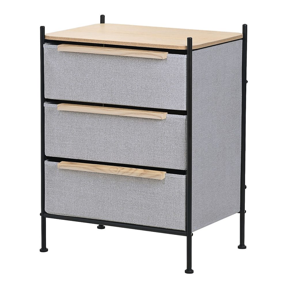 Commode ML-Design à 3 tiroirs tissu gris clair 58 × 78 × 42 – 5 cm avec structure en acier aspect chêne