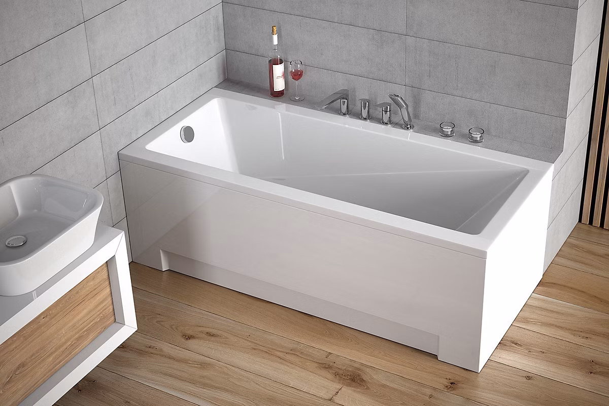 Baignoire rectangulaire 180 × 80 MODERN acrylique blanc + avec Tablier + Pieds + Vidage à chromé