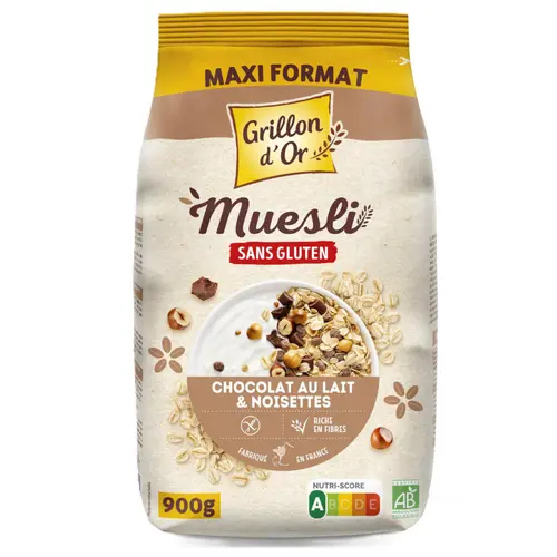 Pour vos besoins extérieurs：Muesli chocolat au lait noisettes sans gluten bio Grillon d'Or - 900 g