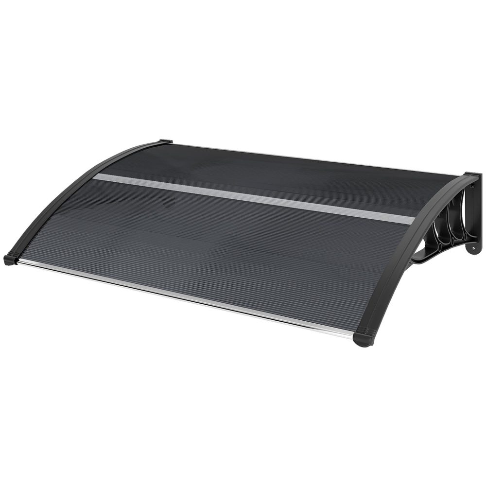 OUTSUNNY Auvent marquise de porte design voûté arrondi dim. 100L x 75l x 23H cm alu polycarbonate fumé plastique noir