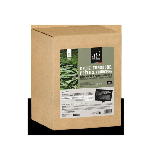 À avoir pour l’extérieur：Mélange de 4 purins naturels ortie, prêle, fougère, cousoude 100 % naturel Sobac - 1,5 L