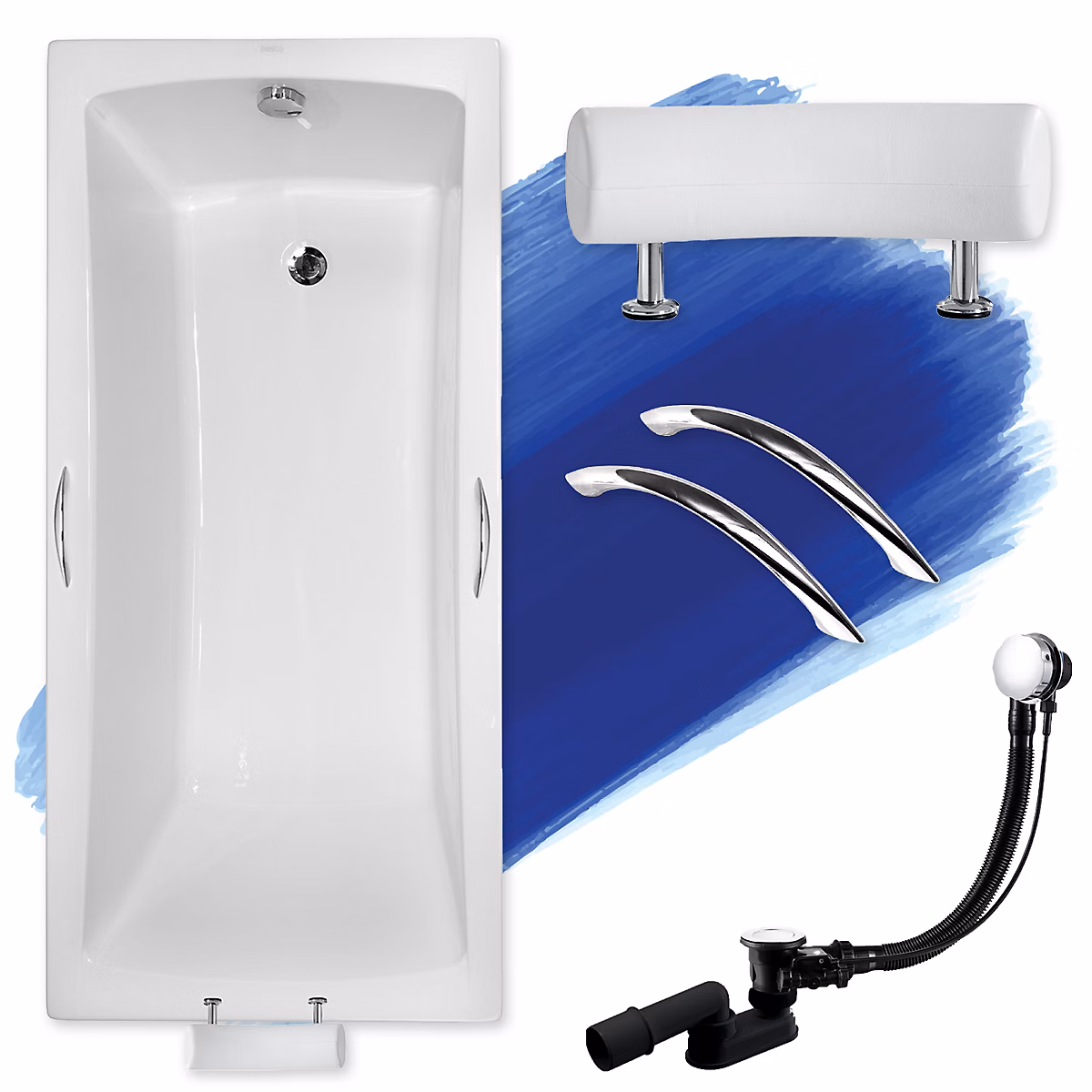 Baignoire rectangulaire 170 × 70 OPTIMA PREMIUM acrylique blanc – sans Habillage + Poignées + Repose Tête + Pieds + Vidage à chromé