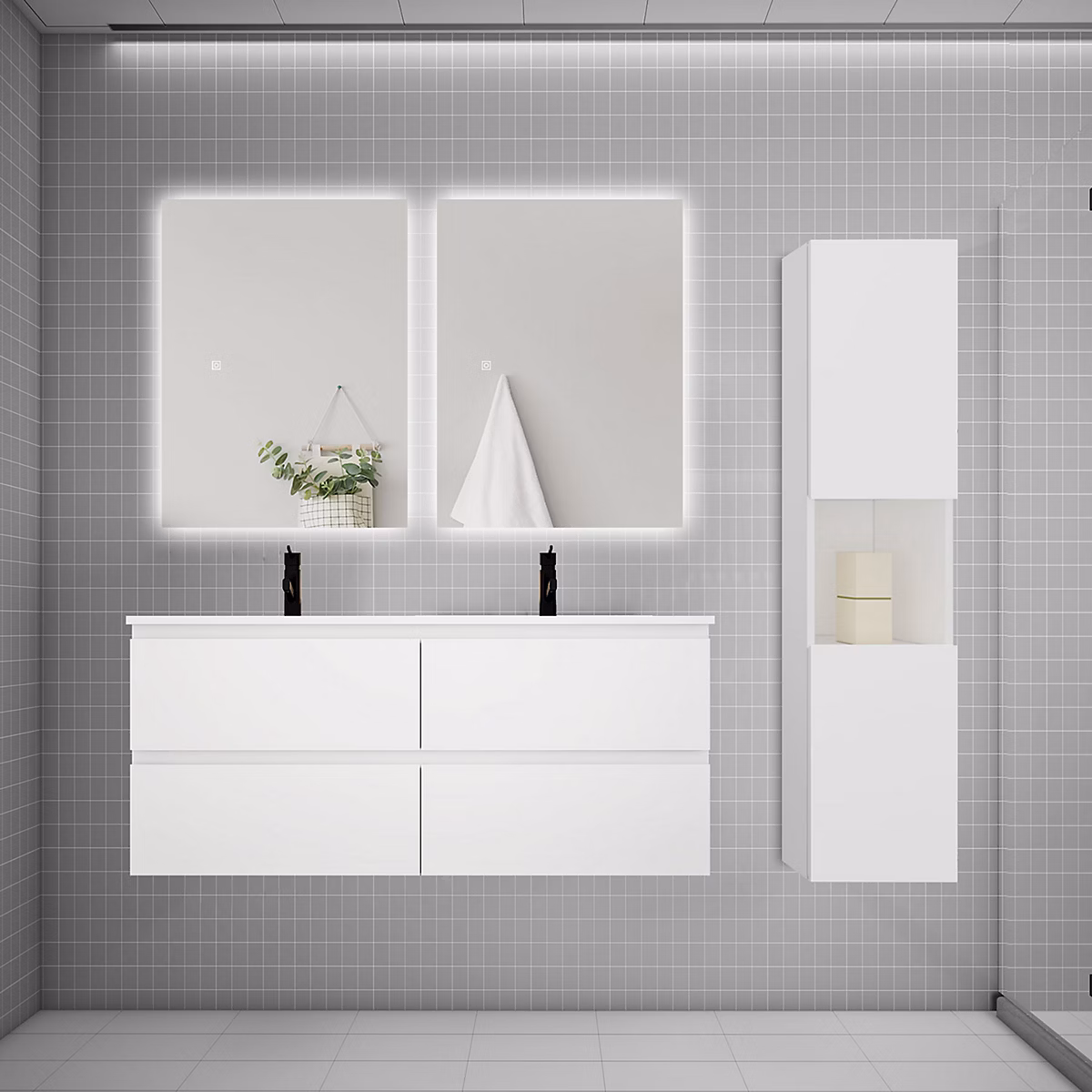 Ensemble meuble blanc et vasque L.120cm 4 tiroirs + colonne haut + lavabo + miroir 80 × 60cm x2 – suspendu