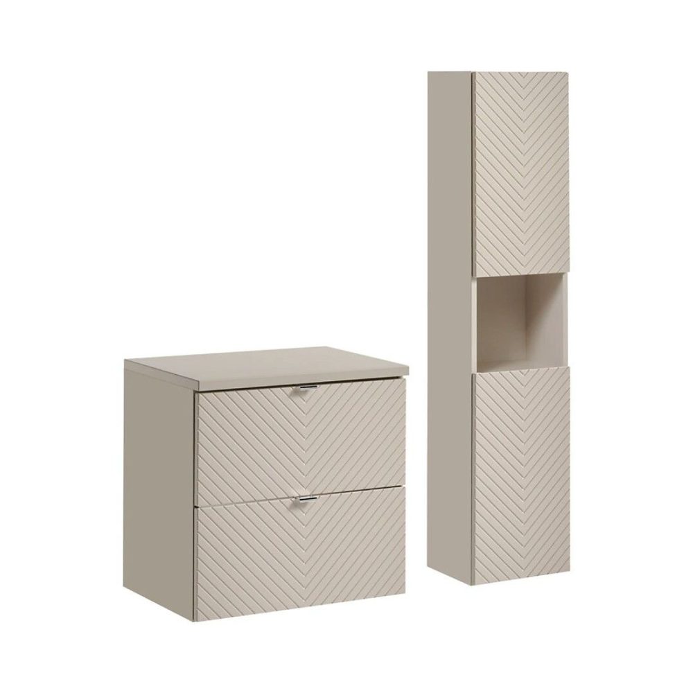 Ensemble AOKI : meuble sous vasque à tiroirs 60cm et plan vasque beige et colonne de rangement – Réf. AZTHROIWX7827929261