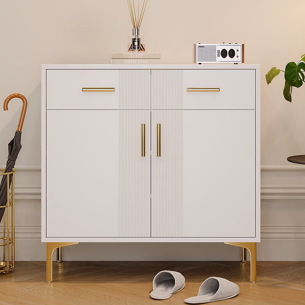 Buffet Moderne Blanc – 2 Portes 2 Tiroirs avec Pieds Métalliques | Design Contemporain pour Salon ou Salle à Manger | 80x35x79.5 cm