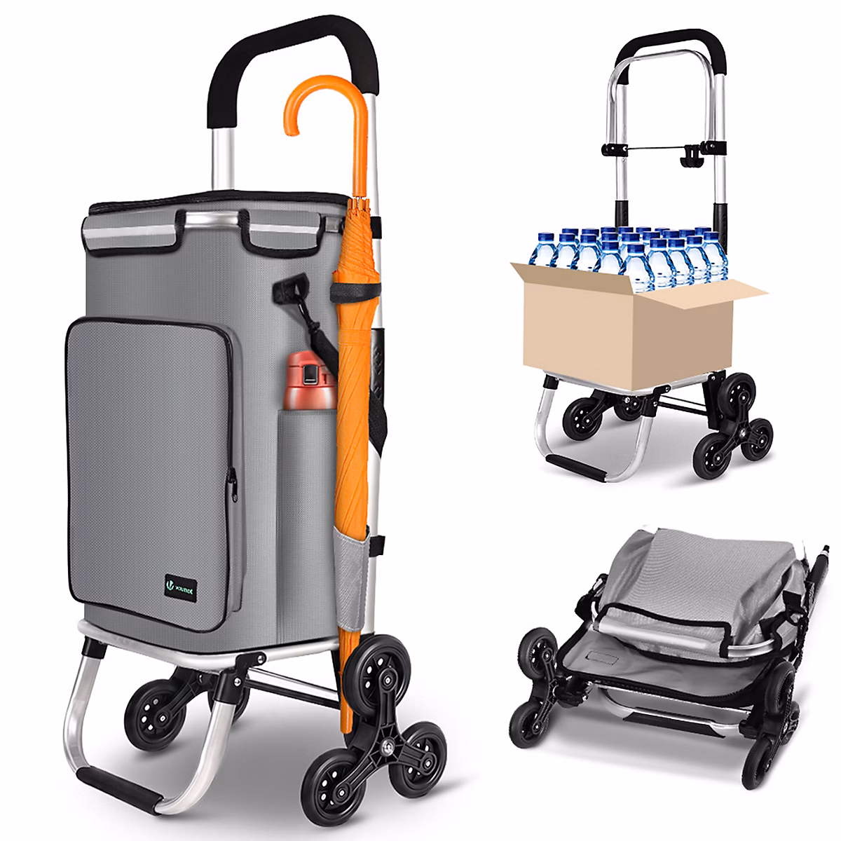 Chariot de course pliable monte escalier aluminium avec crochets gris VOUNOT – Réf. WJXBXAZPD0807128090
