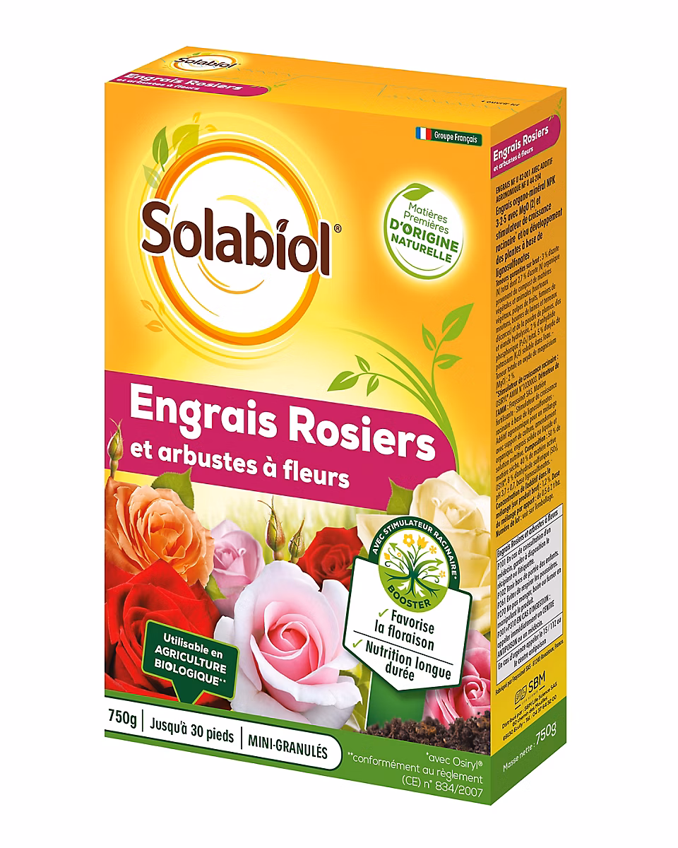 Engrais rosiers et arbustes à fleurs Solabiol 750g | Engrais