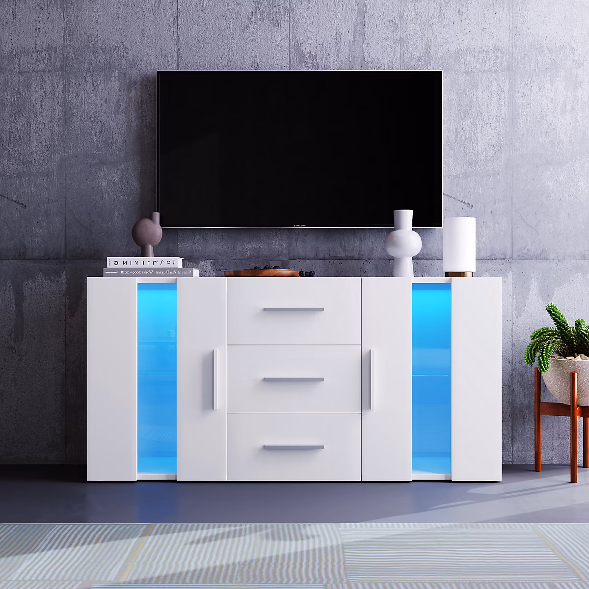 Buffet Bas Moderne avec LED – Tiroirs et Rangements | Meuble de Salle à Manger en Panneau de Particules | 140 × 35 × 70 cm | Blanc