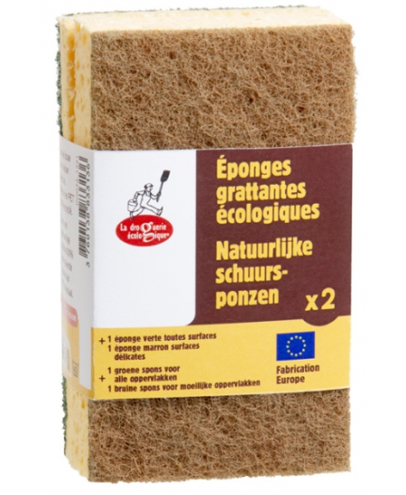 Droguerie Ecologique - 1 éponge verte + 1 éponge marron à récurer en matières recyclées
