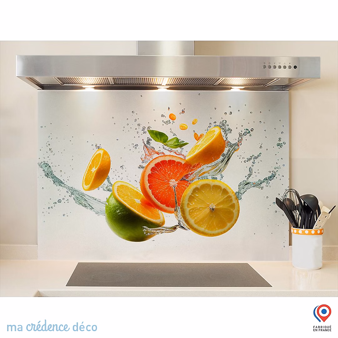 Crédence cuisine fond de hotte Splash – Oranges et citrons, Alu composite, L 90 cm x H 60 cm, MaCrédenceDéco