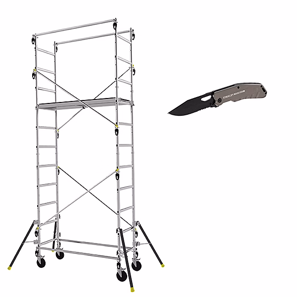 Echafaudage roulant alu – Spécial Passage Etroit, Hauteur de travail max 4.7m + Couteau de poche STANLEY, 347703-COUTEAU