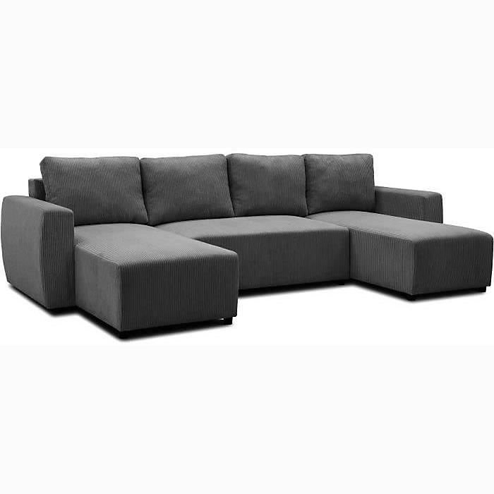Canapé d'angle convertible panoramique PHARELL 5/6 places – Tissu velours côtelé anthracite | Coffre de rangement | L297 x P1