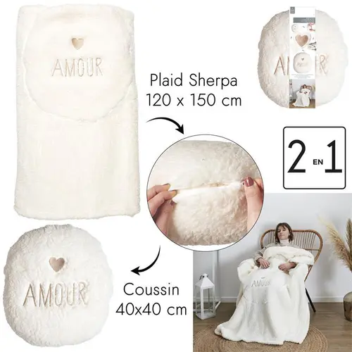 Solution pour le jardin：Coussin plaid en sherpa beige Amour - 120 x 150 cm