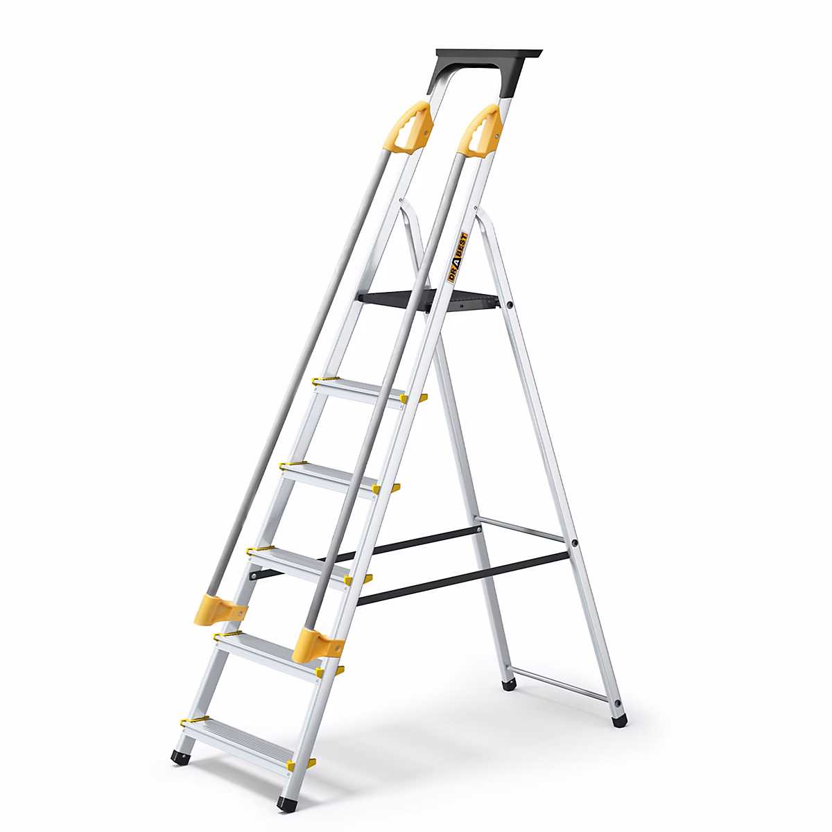 Échelle simple face en aluminium PRO DRABEST 6 marches avec étagère et mains courantes | capacité de charge 150 kg – 1 pièce.